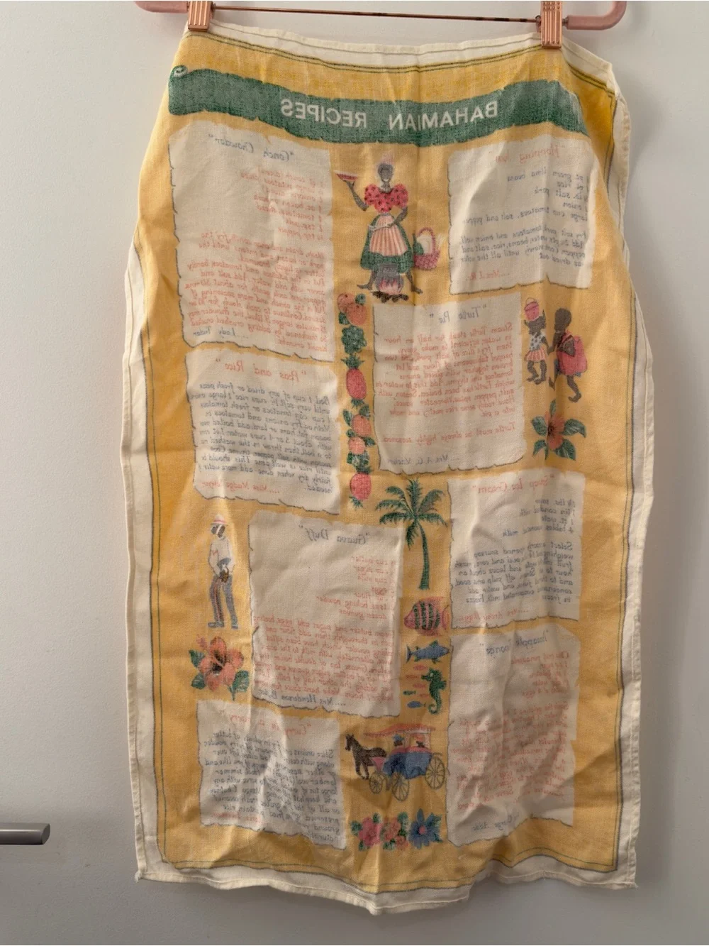 Vintage 1970s Bahamian Recipes Decorative Tea Towel Yellow Caribbean Cooking